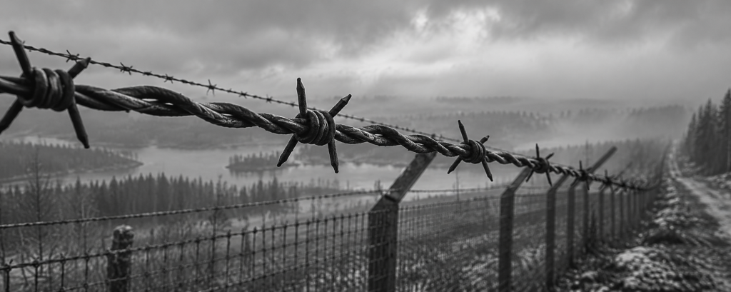 Black-and-white close-up of barbed wire along a border fence in mist